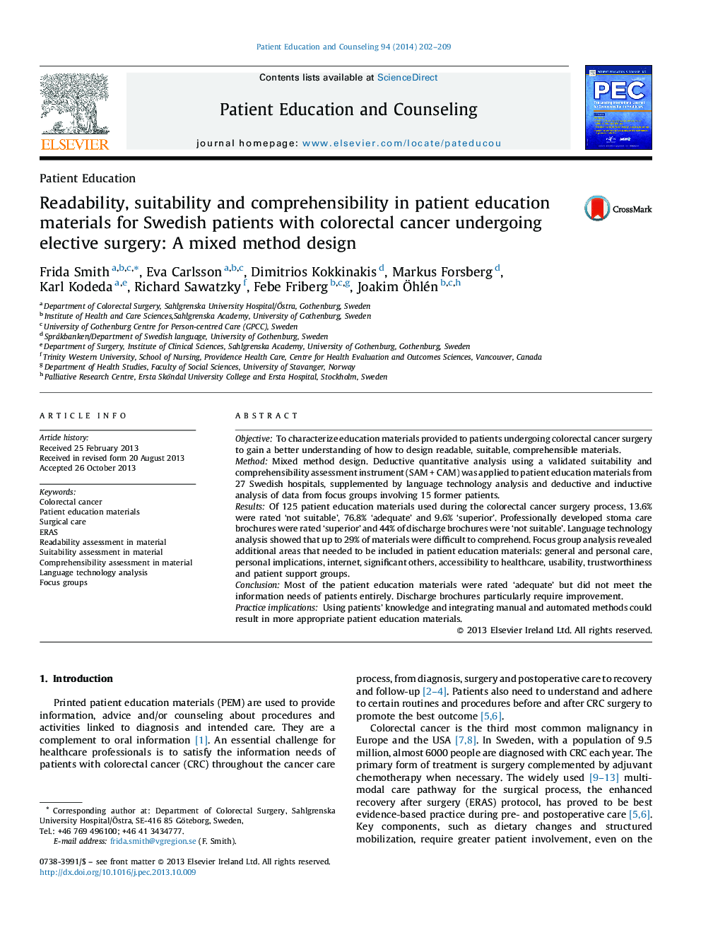 Readability, suitability and comprehensibility in patient education materials for Swedish patients with colorectal cancer undergoing elective surgery: A mixed method design