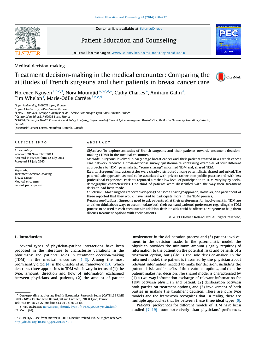 Treatment decision-making in the medical encounter: Comparing the attitudes of French surgeons and their patients in breast cancer care
