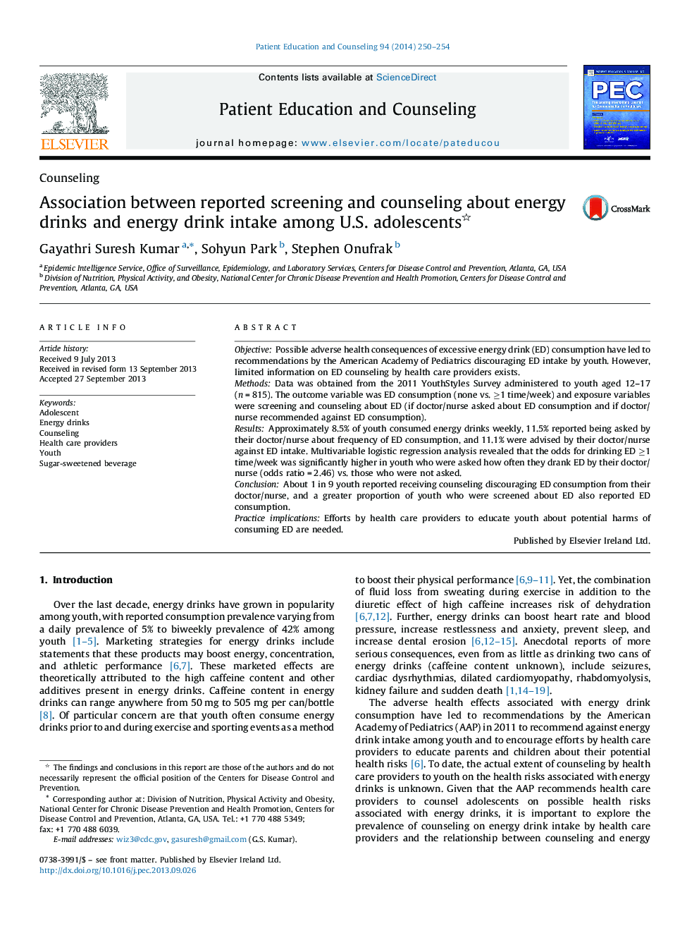 Association between reported screening and counseling about energy drinks and energy drink intake among U.S. adolescents 