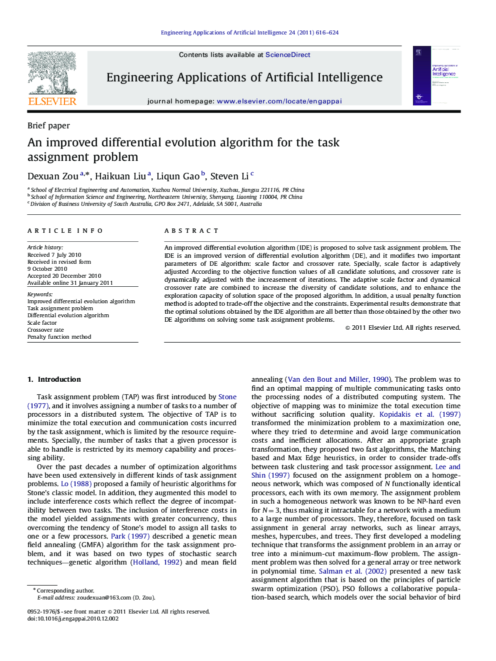 An improved differential evolution algorithm for the task assignment problem