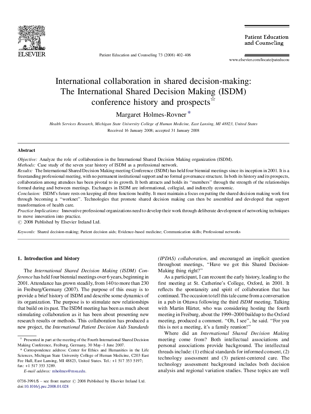 International collaboration in shared decision-making: The International Shared Decision Making (ISDM) conference history and prospects 