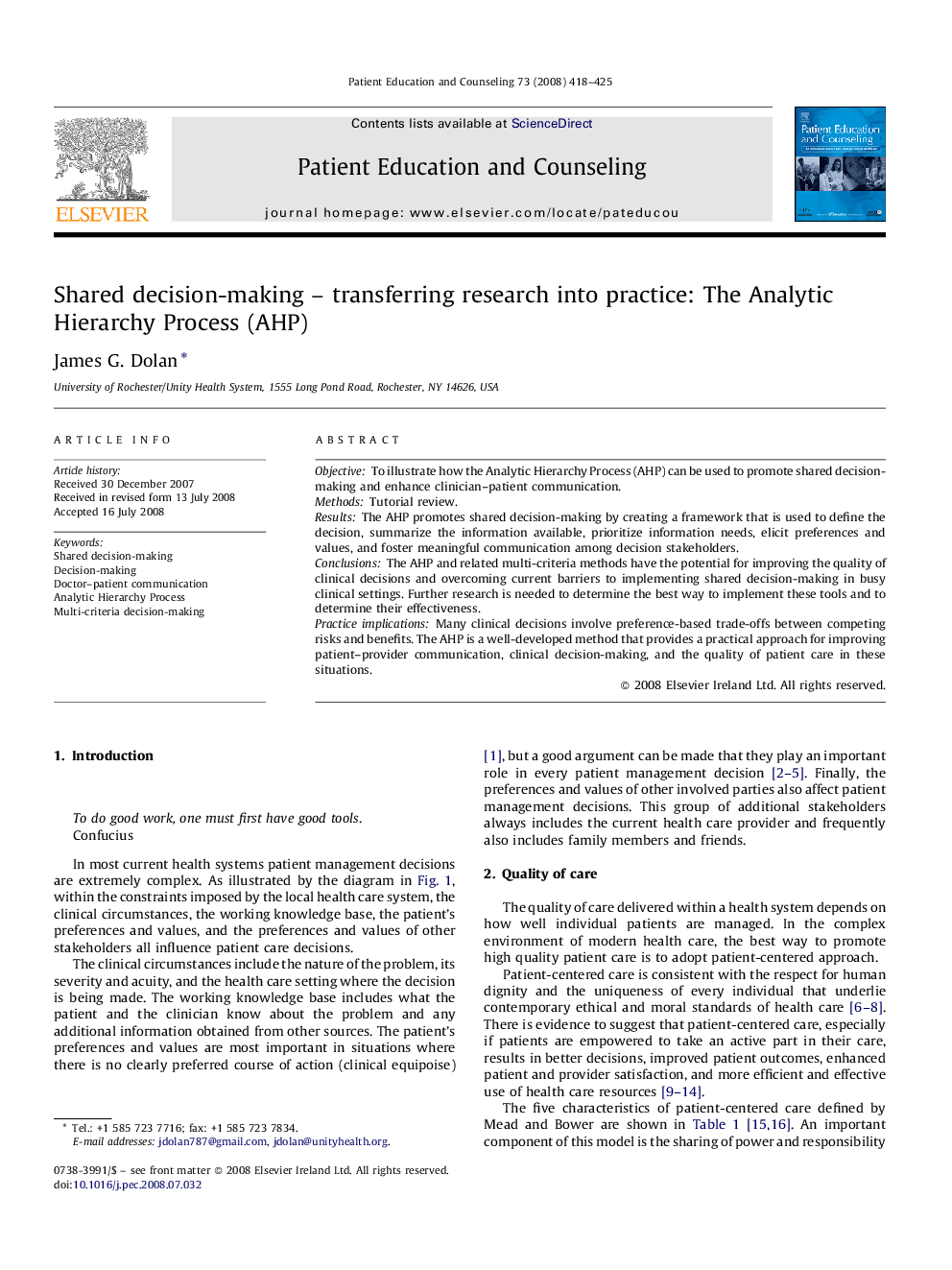 Shared decision-making – transferring research into practice: The Analytic Hierarchy Process (AHP)