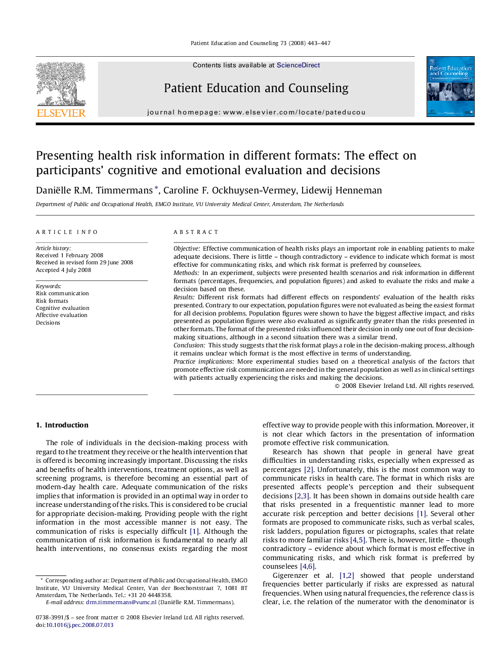 Presenting health risk information in different formats: The effect on participants’ cognitive and emotional evaluation and decisions