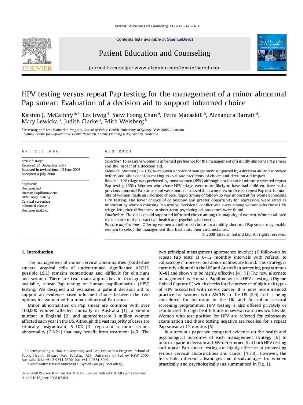 HPV testing versus repeat Pap testing for the management of a minor abnormal Pap smear: Evaluation of a decision aid to support informed choice