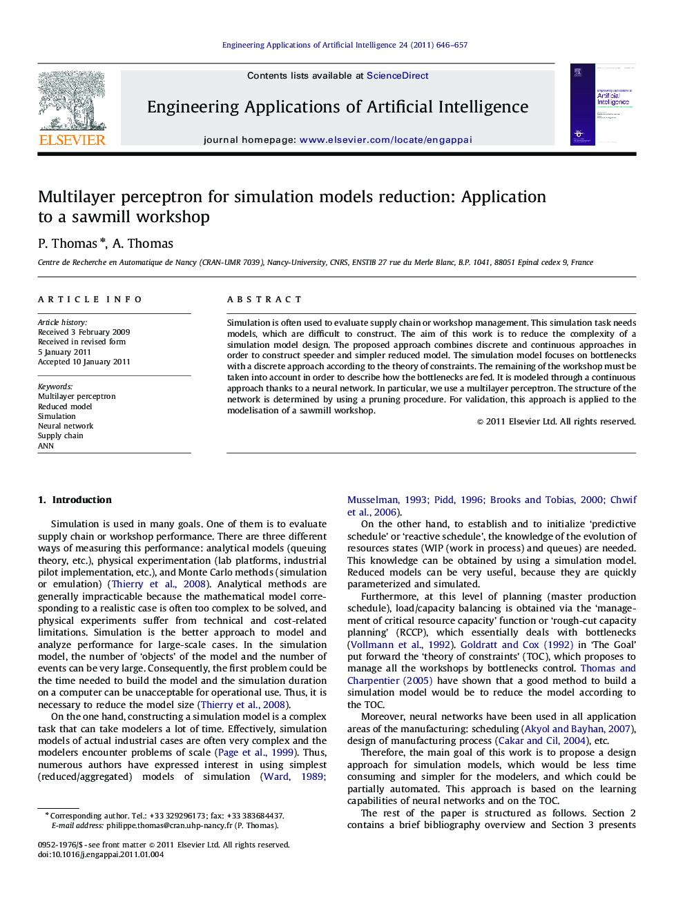 Multilayer perceptron for simulation models reduction: Application to a sawmill workshop