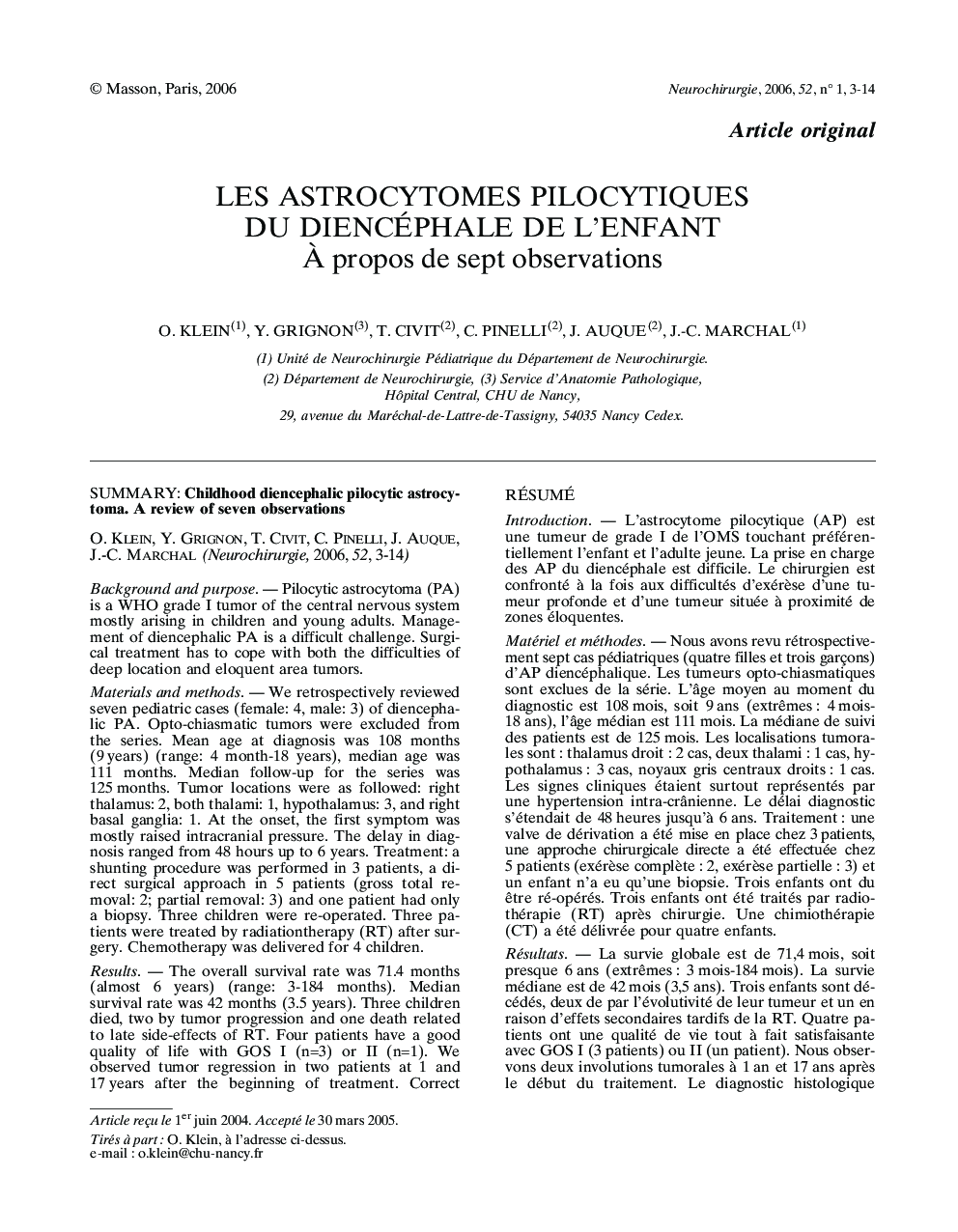 Les astrocytomes pilocytiques du diencéphale de l'enfant