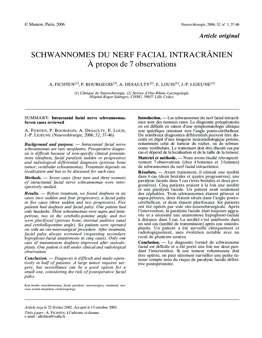 Schwannomes du nerf facial intracrÃ¢nien