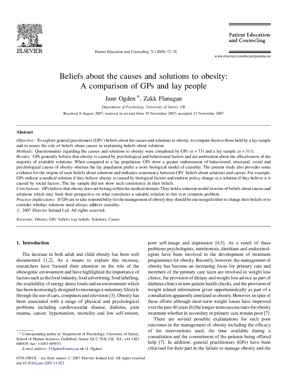 Beliefs about the causes and solutions to obesity: A comparison of GPs and lay people