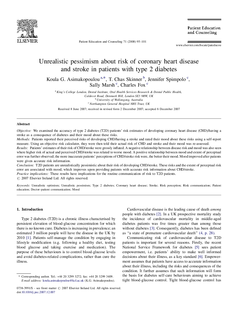 Unrealistic pessimism about risk of coronary heart disease and stroke in patients with type 2 diabetes