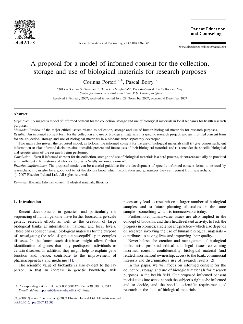 A proposal for a model of informed consent for the collection, storage and use of biological materials for research purposes