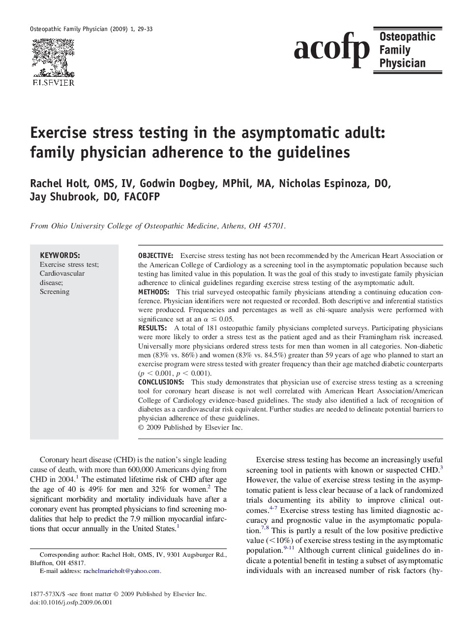 Exercise stress testing in the asymptomatic adult: family physician adherence to the guidelines