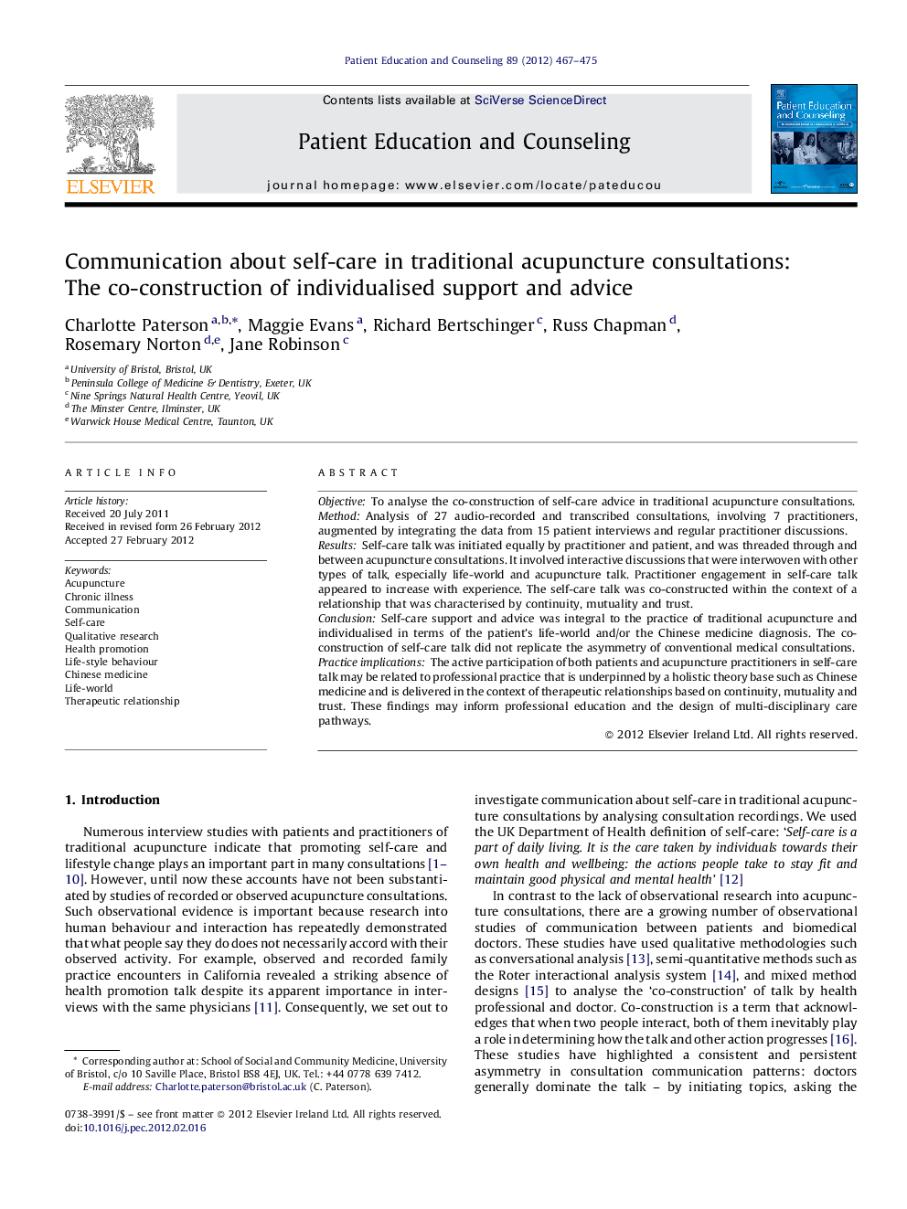 Communication about self-care in traditional acupuncture consultations: The co-construction of individualised support and advice