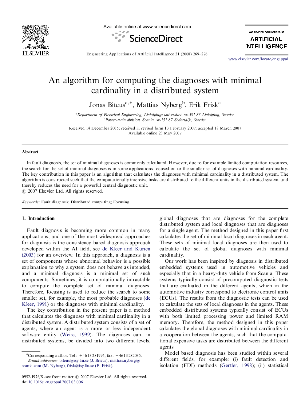 An algorithm for computing the diagnoses with minimal cardinality in a distributed system