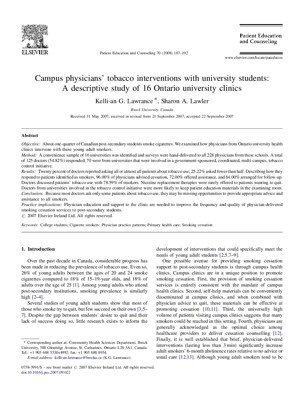 Campus physicians' tobacco interventions with university students: A descriptive study of 16 Ontario university clinics