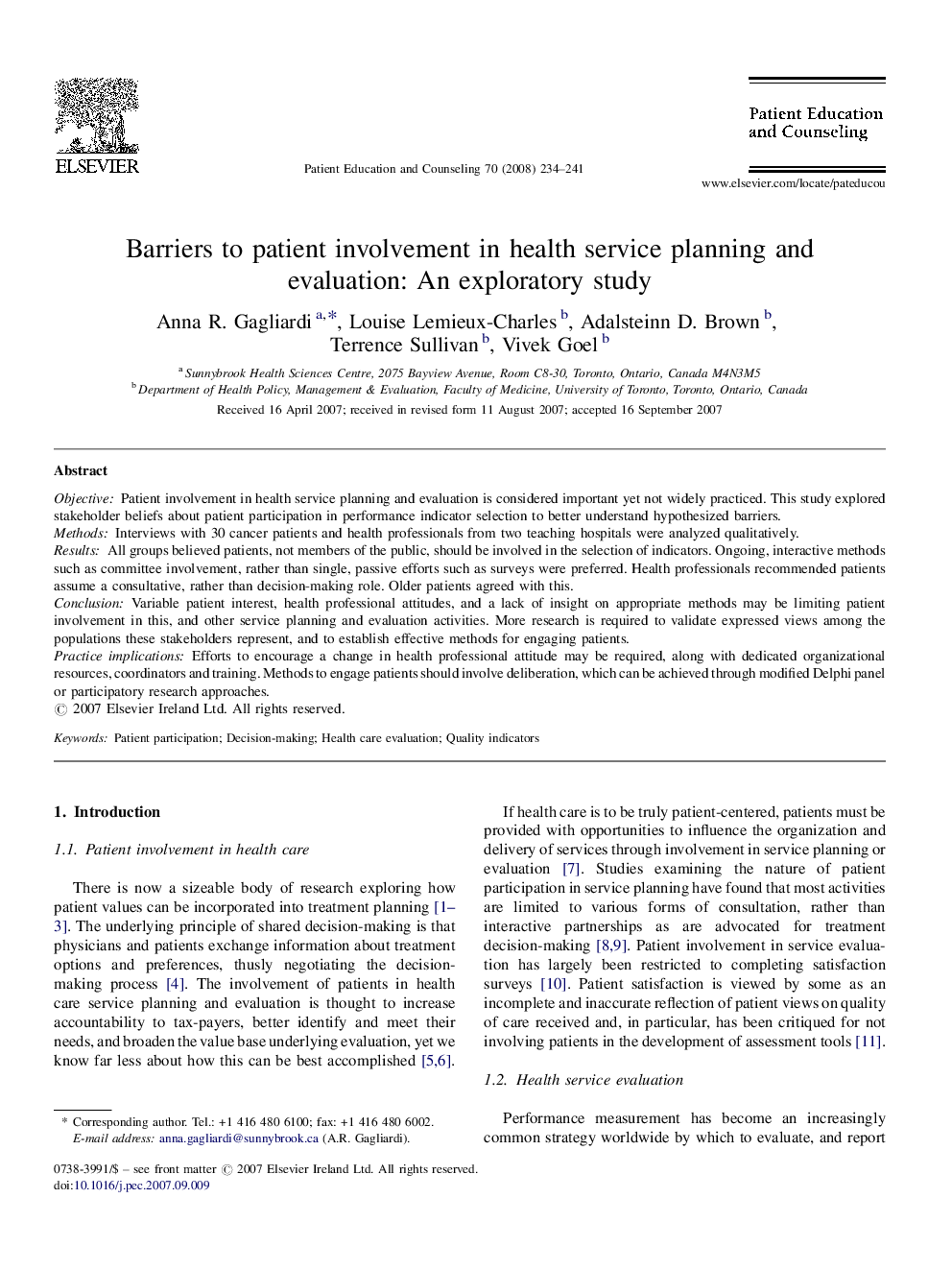 Barriers to patient involvement in health service planning and evaluation: An exploratory study