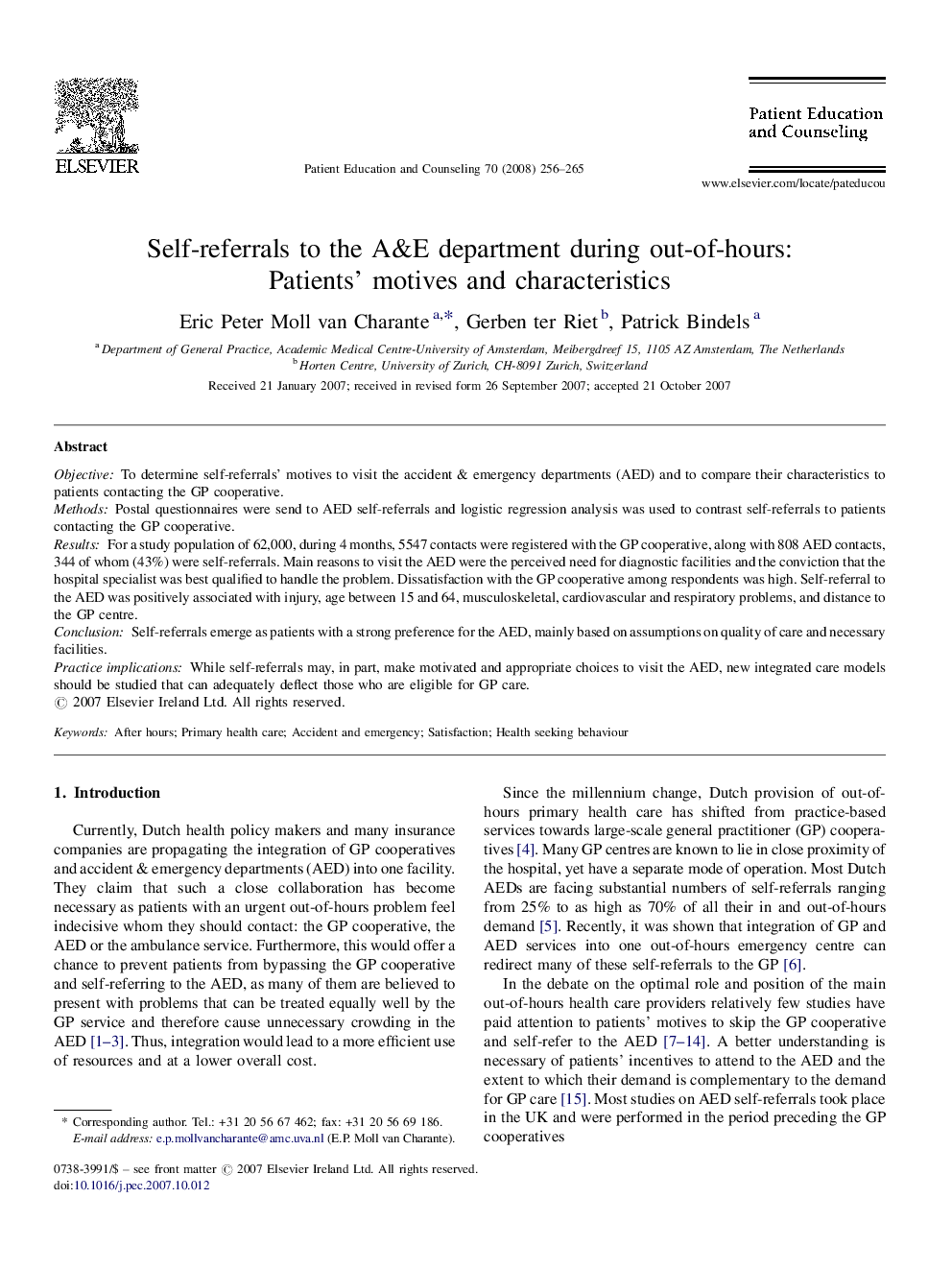 Self-referrals to the A&E department during out-of-hours: Patients’ motives and characteristics