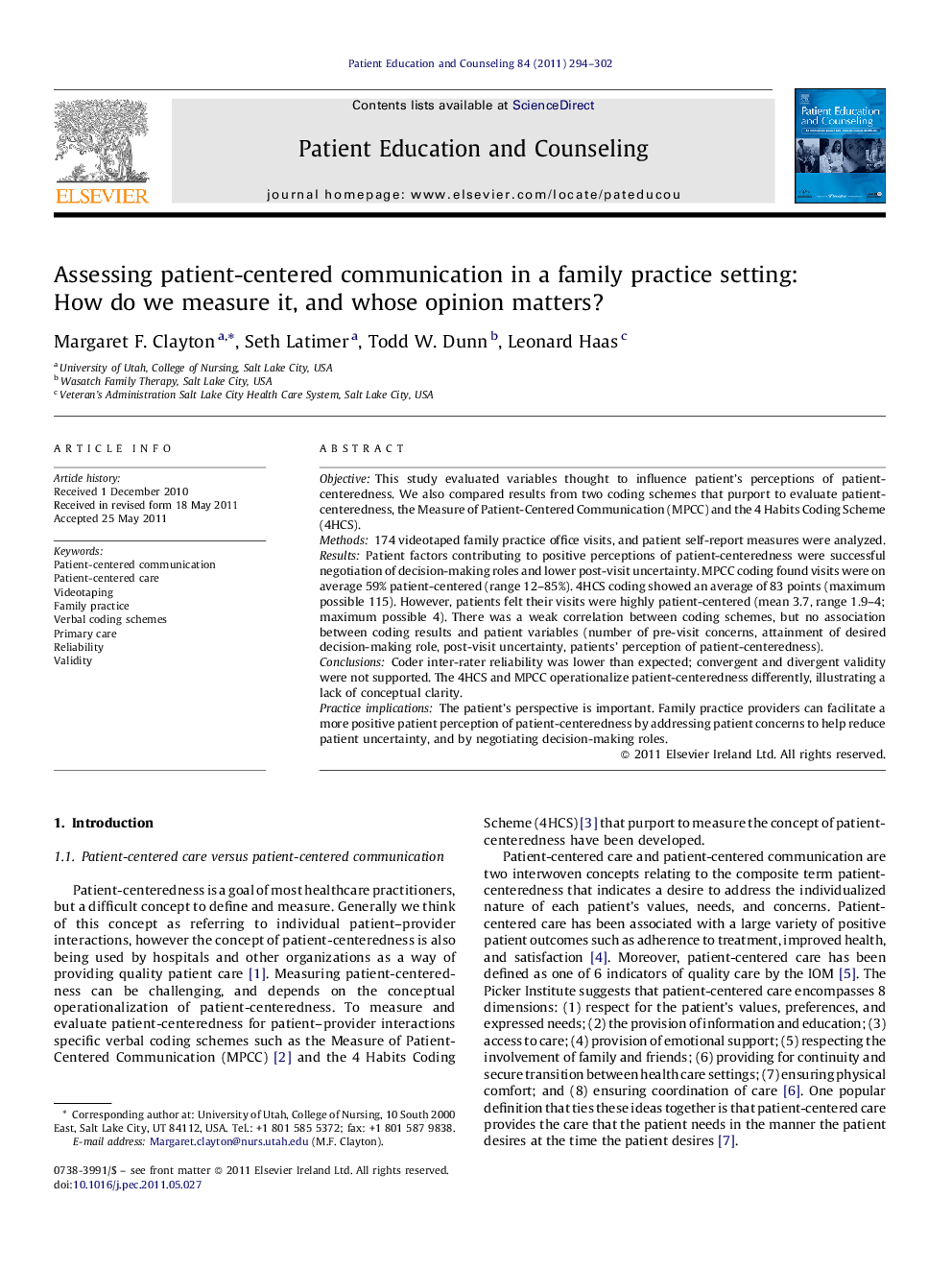 Assessing patient-centered communication in a family practice setting: How do we measure it, and whose opinion matters?