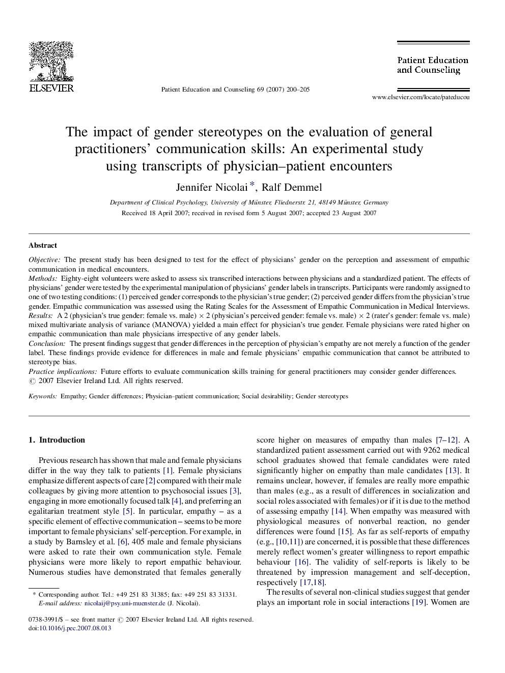 The impact of gender stereotypes on the evaluation of general practitioners’ communication skills: An experimental study using transcripts of physician–patient encounters