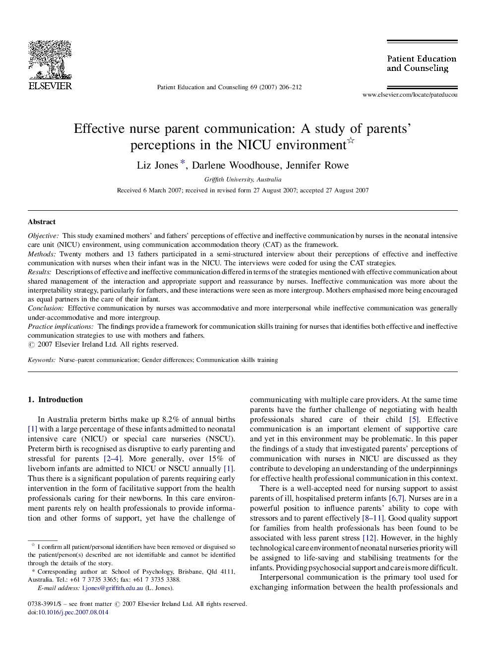 Effective nurse parent communication: A study of parents’ perceptions in the NICU environment 