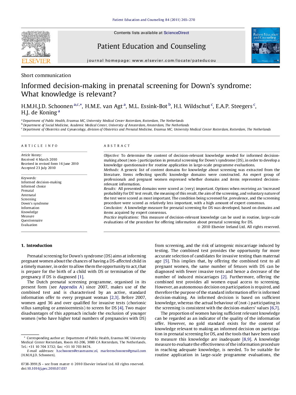 Informed decision-making in prenatal screening for Down's syndrome: What knowledge is relevant?