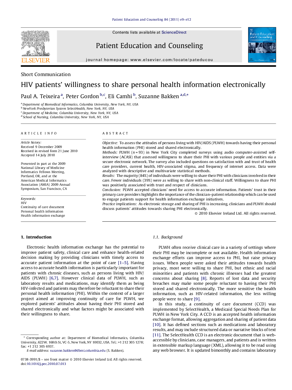 HIV patients’ willingness to share personal health information electronically