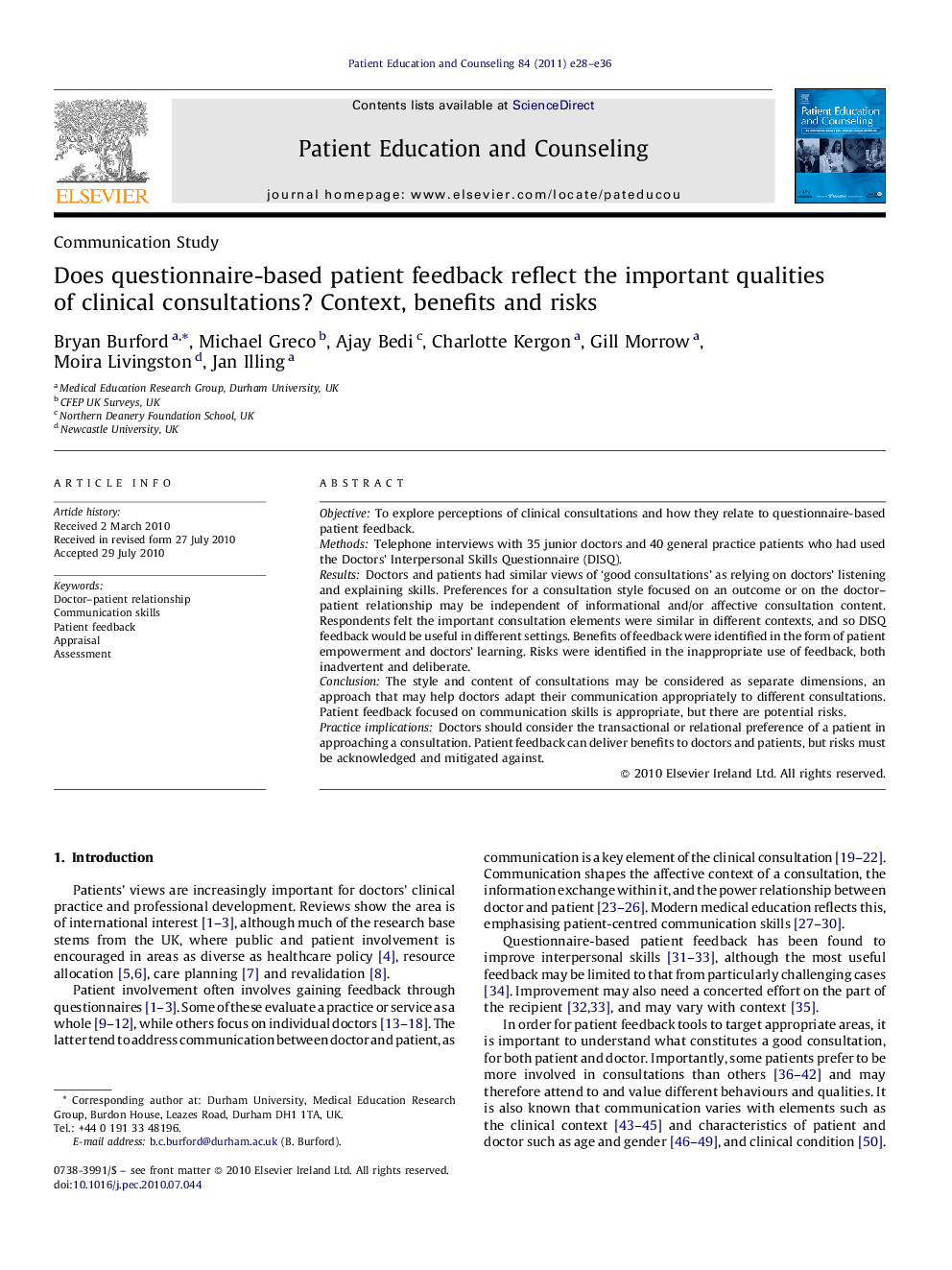 Does questionnaire-based patient feedback reflect the important qualities of clinical consultations? Context, benefits and risks