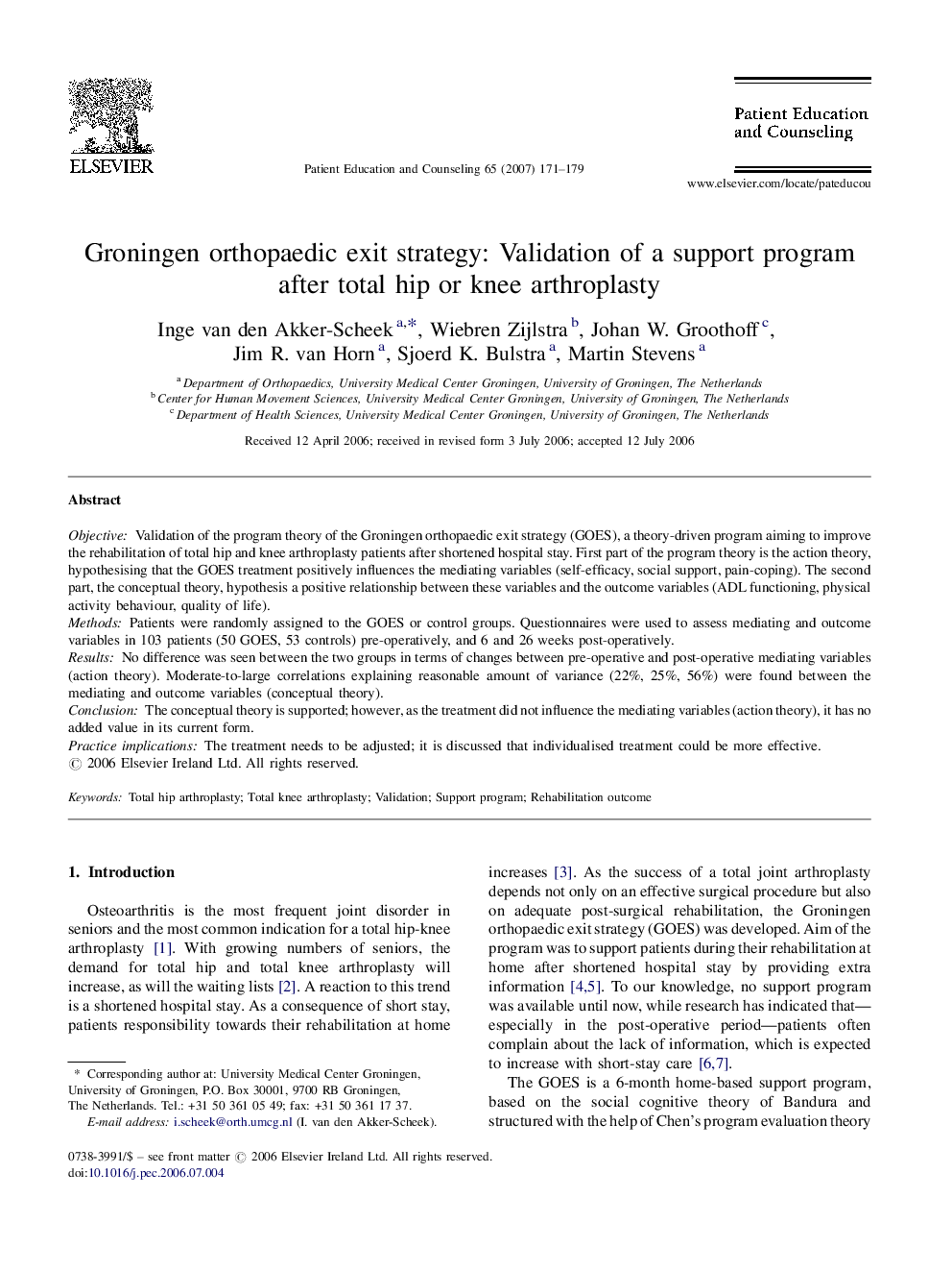 Groningen orthopaedic exit strategy: Validation of a support program after total hip or knee arthroplasty