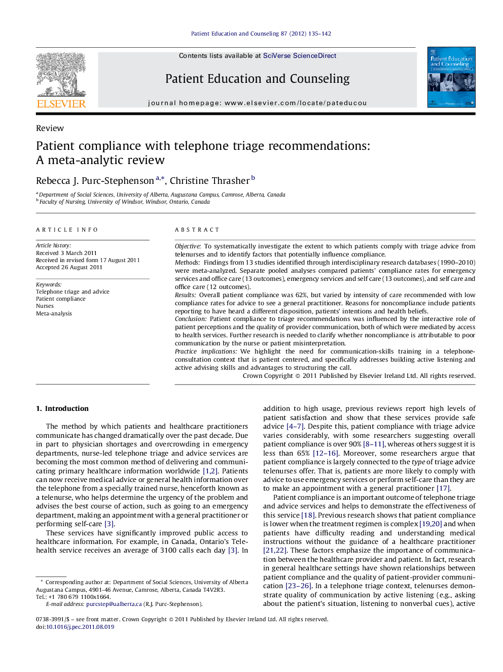 Patient compliance with telephone triage recommendations: A meta-analytic review