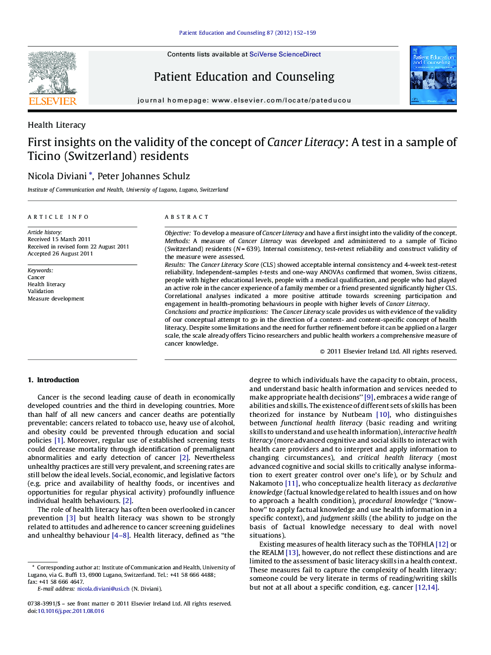 First insights on the validity of the concept of Cancer Literacy: A test in a sample of Ticino (Switzerland) residents