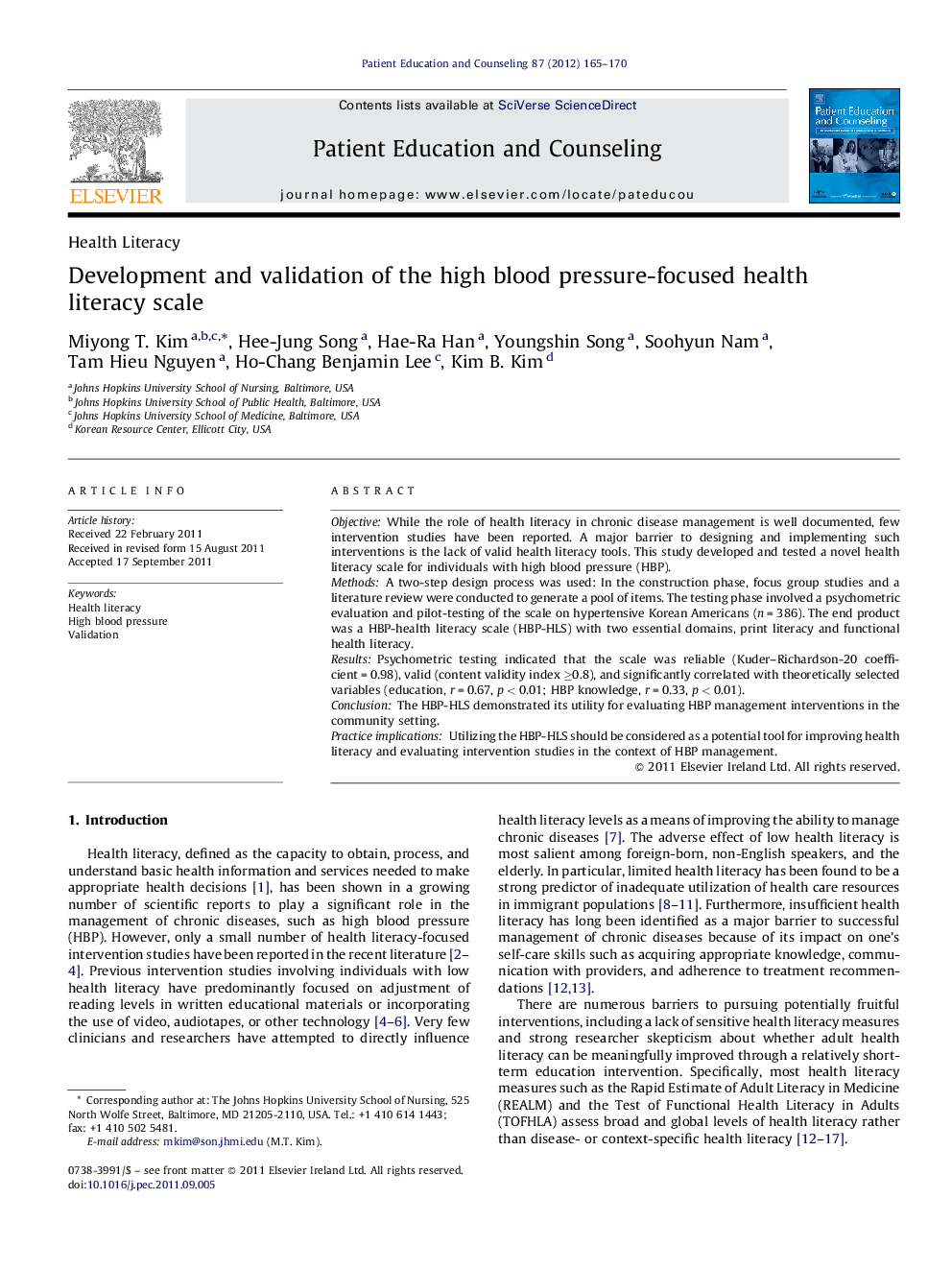 Development and validation of the high blood pressure-focused health literacy scale