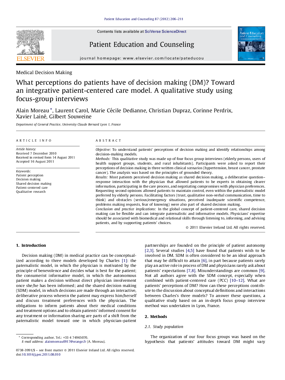 What perceptions do patients have of decision making (DM)? Toward an integrative patient-centered care model. A qualitative study using focus-group interviews