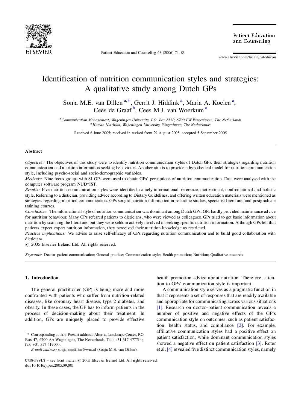 Identification of nutrition communication styles and strategies: A qualitative study among Dutch GPs