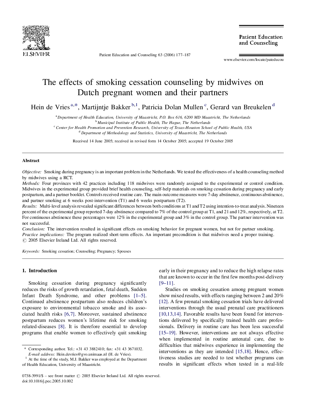 The effects of smoking cessation counseling by midwives on Dutch pregnant women and their partners