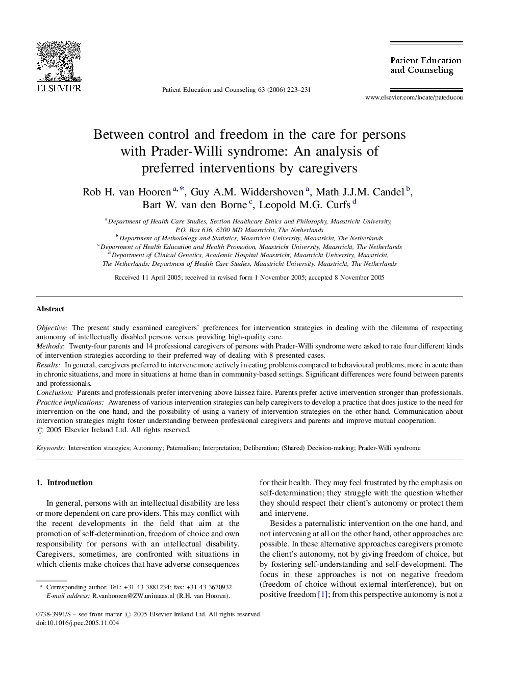 Between control and freedom in the care for persons with Prader-Willi syndrome: An analysis of preferred interventions by caregivers