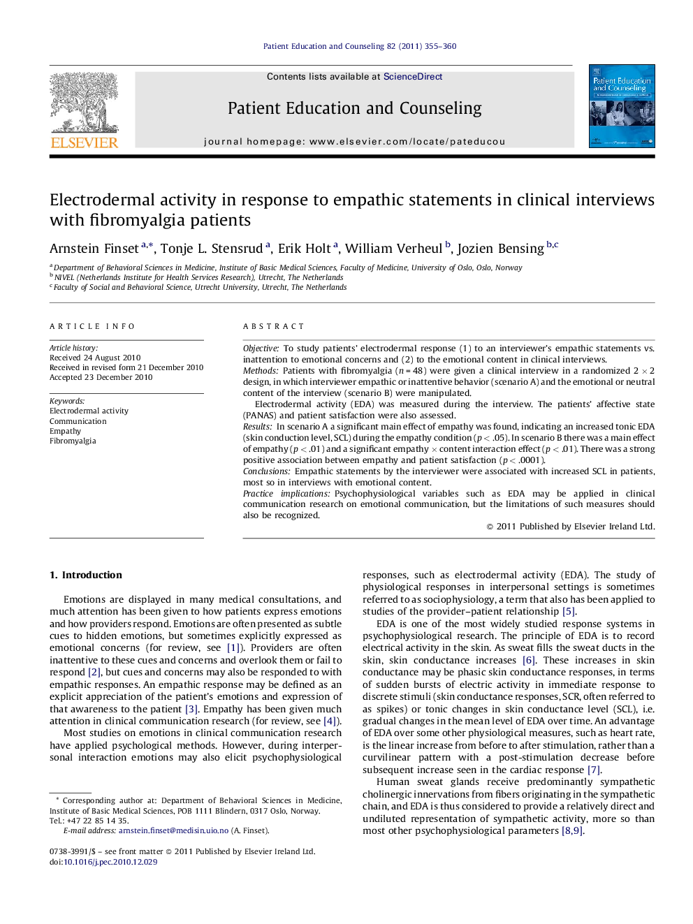 Electrodermal activity in response to empathic statements in clinical interviews with fibromyalgia patients