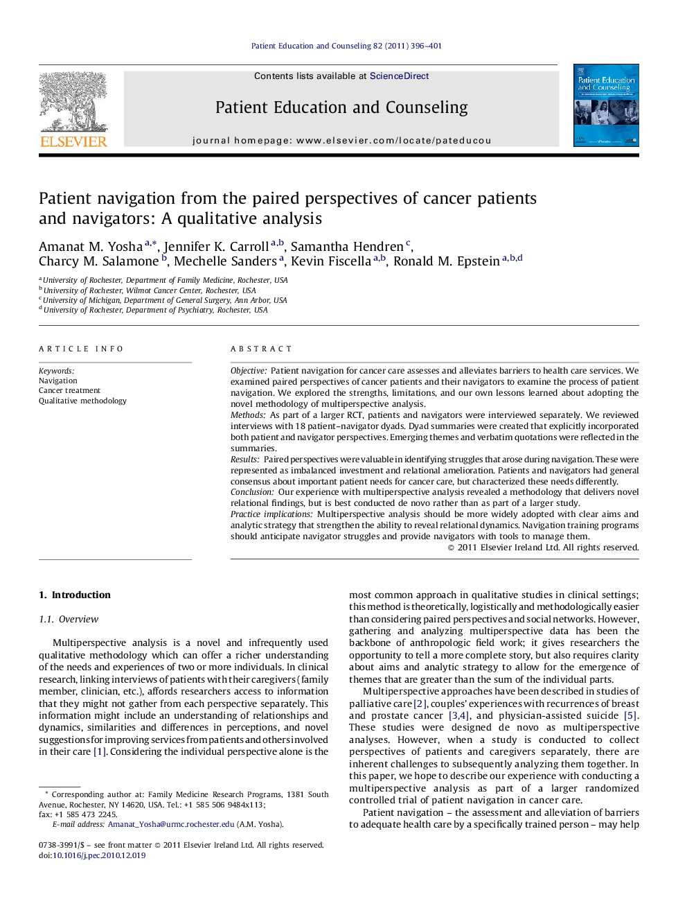 Patient navigation from the paired perspectives of cancer patients and navigators: A qualitative analysis