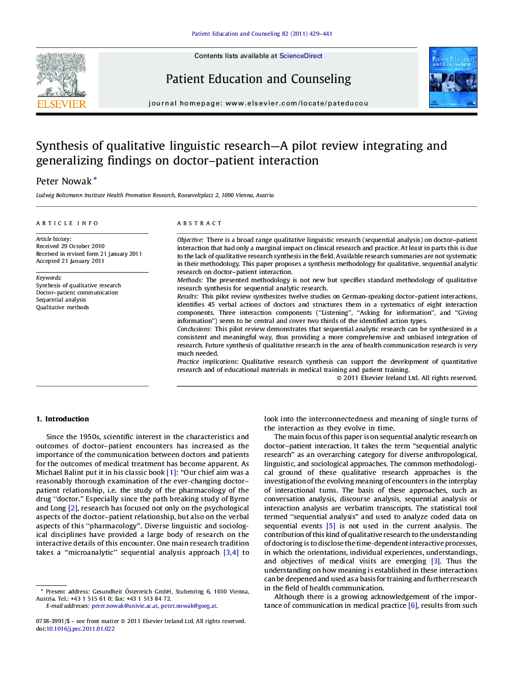 Synthesis of qualitative linguistic research—A pilot review integrating and generalizing findings on doctor–patient interaction