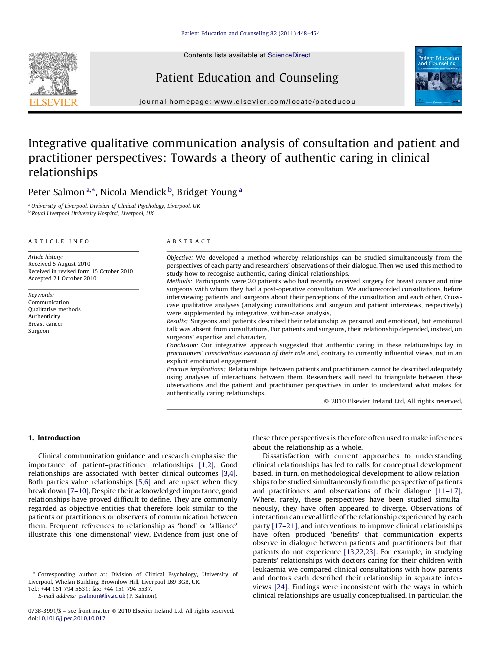 Integrative qualitative communication analysis of consultation and patient and practitioner perspectives: Towards a theory of authentic caring in clinical relationships