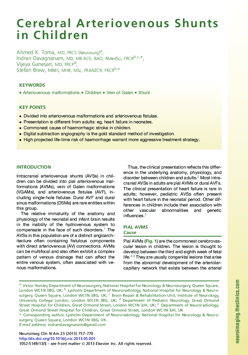 Cerebral Arteriovenous Shunts in Children