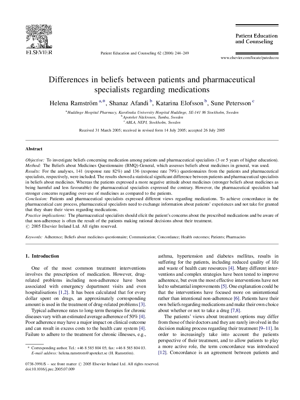 Differences in beliefs between patients and pharmaceutical specialists regarding medications