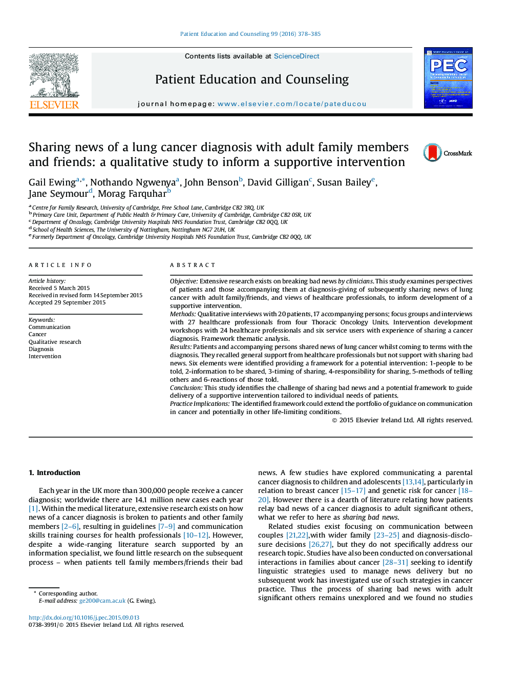 Sharing news of a lung cancer diagnosis with adult family members and friends: a qualitative study to inform a supportive intervention