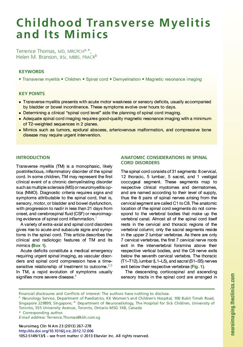 Childhood Transverse Myelitis and Its Mimics