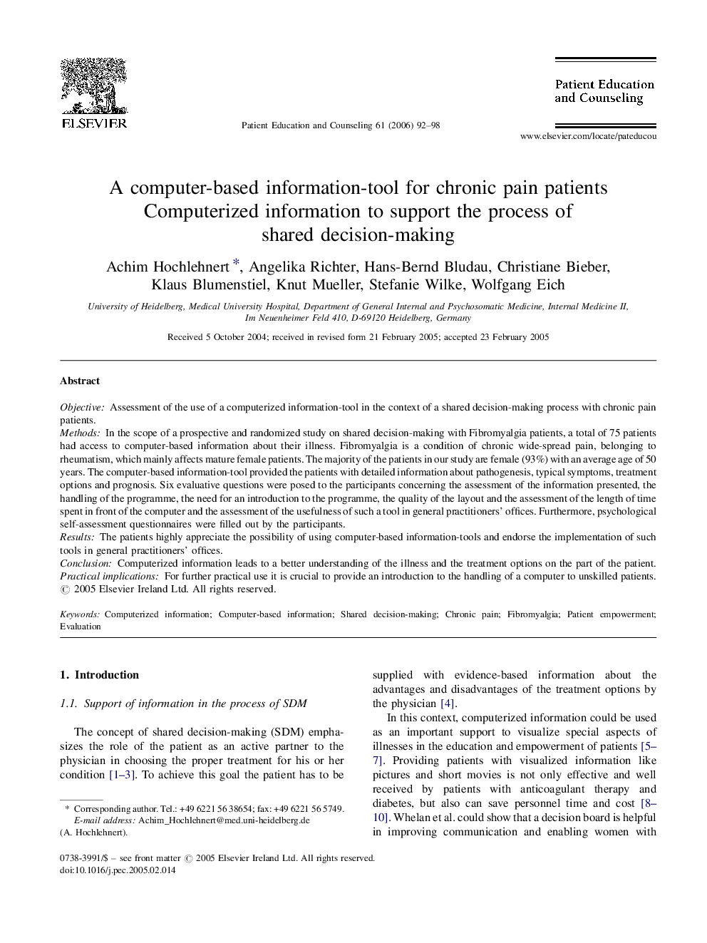 A computer-based information-tool for chronic pain patients: Computerized information to support the process of shared decision-making