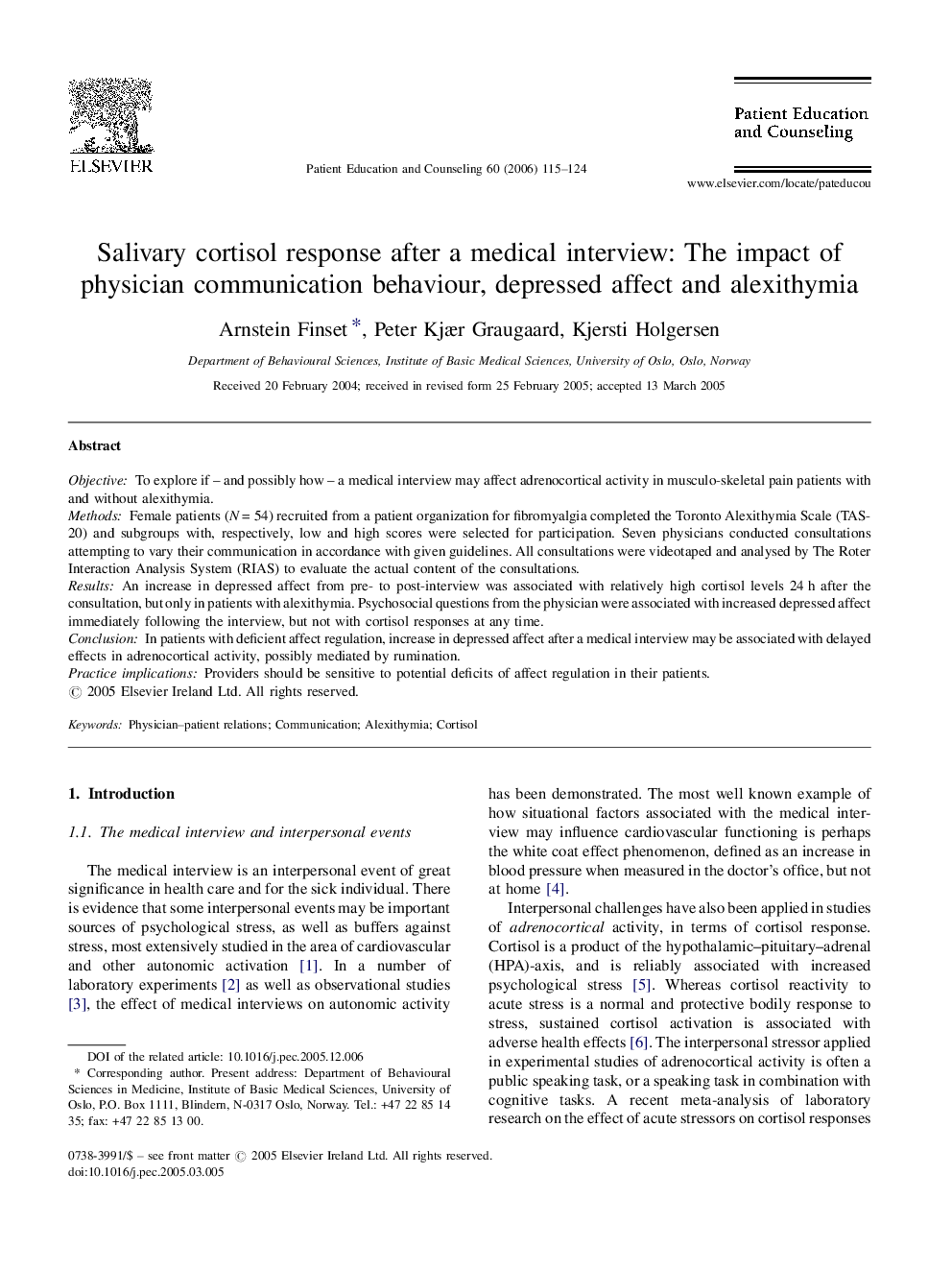 Salivary cortisol response after a medical interview: The impact of physician communication behaviour, depressed affect and alexithymia