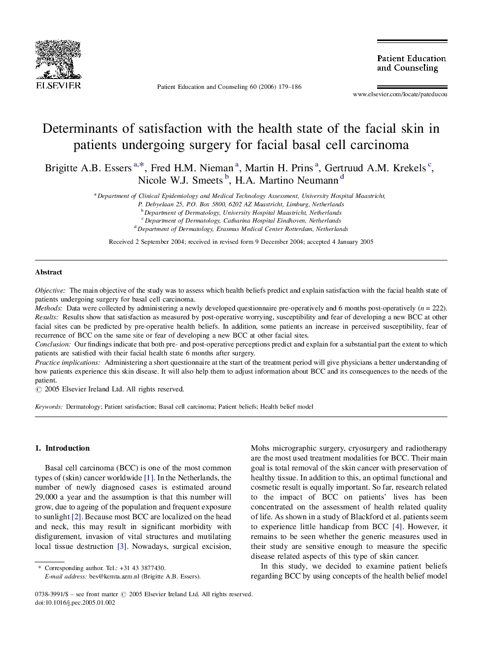 Determinants of satisfaction with the health state of the facial skin in patients undergoing surgery for facial basal cell carcinoma