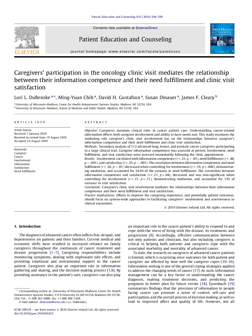 Caregivers’ participation in the oncology clinic visit mediates the relationship between their information competence and their need fulfillment and clinic visit satisfaction