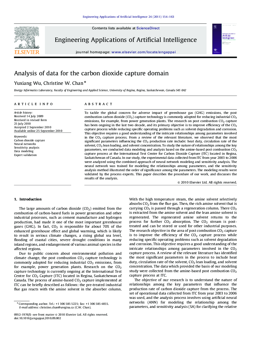 Analysis of data for the carbon dioxide capture domain