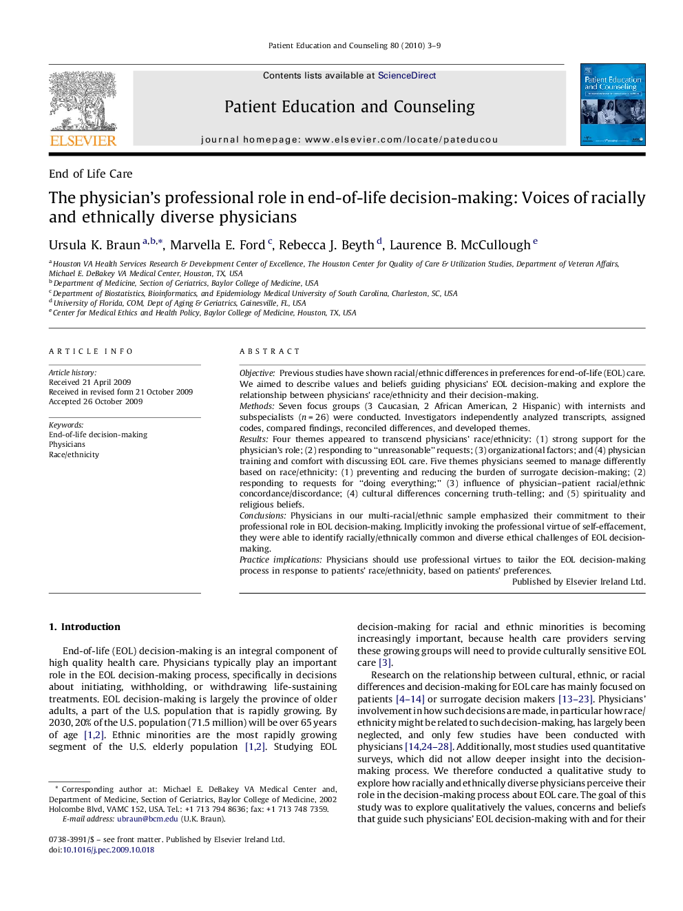 The physician's professional role in end-of-life decision-making: Voices of racially and ethnically diverse physicians