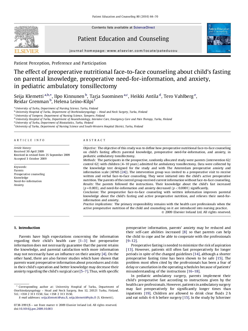 The effect of preoperative nutritional face-to-face counseling about child's fasting on parental knowledge, preoperative need-for-information, and anxiety, in pediatric ambulatory tonsillectomy