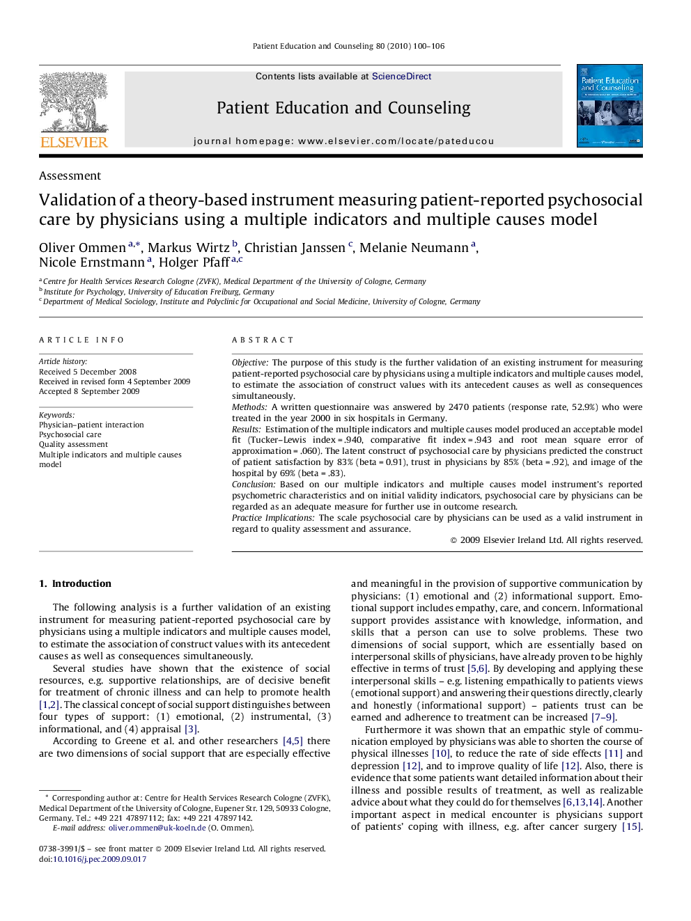 Validation of a theory-based instrument measuring patient-reported psychosocial care by physicians using a multiple indicators and multiple causes model